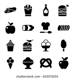 Snack icons set. set of 16 snack filled icons such as sausage, wrap sandwich, french fries, ice cream in can, maple syrup, double burger with flag, burger with pepper, apple