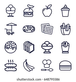 Snack icons set. set of 16 snack outline icons such as cookies, french fries, ice cream in can, donut, bread slices, burger with sausage, burger, fast food cart, apple