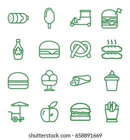 Snack icons set. set of 16 snack outline icons such as sausage, wrap sandwich, french fries, ice cream in can, maple syrup, double burger with flag, cheeseburger, burger