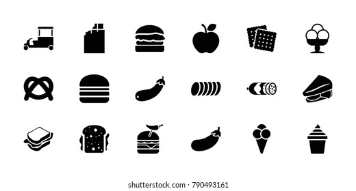 Snack icons. set of 18 editable filled snack icons: cookies, chocolate, pretzel, ice cream in can, sandwich, burger with pepper, burger, fast food cart, aubergine, ice cream