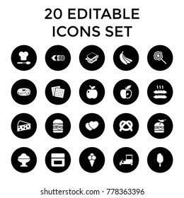 Snack icons. set of 20 editable filled snack icons such as cookies, cream, ice cream, pretzel, donut, sandwich. best quality snack elements in trendy style.