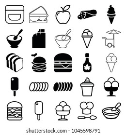 Snack icons. set of 25 editable filled and outline snack icons such as chocolate, ice cream, wrap sandwich, bread slices, cheeseburger, cookie, porridge, cream