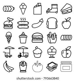 Snack icons. set of 25 editable outline snack icons such as sausage, chocolate, french fries, ice cream in can, sandwich, burger with sausage, fast food cart, apple, aubergine