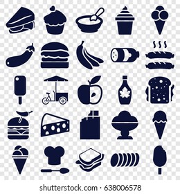 Snack icons set. set of 25 snack filled icons such as sausage, porridge, ice cream, ice cream in can, sandwich, maple syrup, burger with pepper, fast food cart, apple