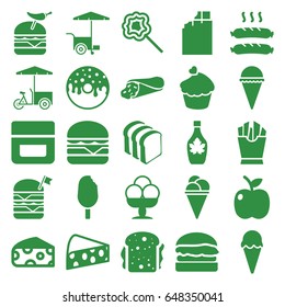 Snack icons set. set of 25 snack filled icons such as cheese, cream, wrap sandwich, ice cream, french fries, donut, maple syrup, bread slices, double burger with flag