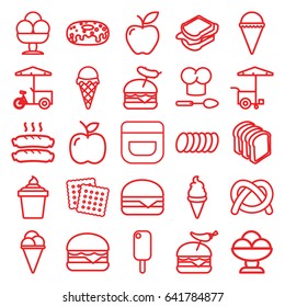Snack icons set. set of 25 snack outline icons such as cookies, cream, ice cream, ice cream in can, donut, sandwich, bread slices, burger with pepper, burger with sausage
