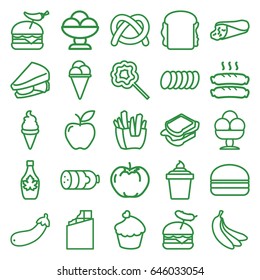 Snack icons set. set of 25 snack outline icons such as sausage, apple, wrap sandwich, french fries, ice cream, ice cream in can, sandwich, maple syrup, burger with pepper