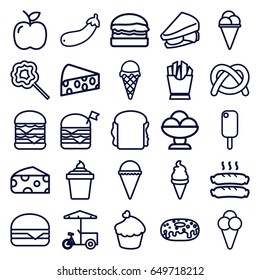 Snack icons set. set of 25 snack outline icons such as cheese, ice cream, french fries, ice cream in can, donut, sandwich, double burger with flag, double burger, cheeseburger