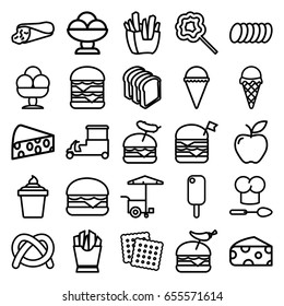 Snack icons set. set of 25 snack outline icons such as cheese, cookies, wrap sandwich, french fries, ice cream, ice cream in can, bread slices, double burger with flag