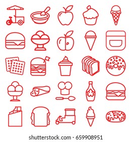Snack icons set. set of 25 snack outline icons such as porridge, cookies, cream, wrap sandwich, ice cream, ice cream in can, donut, maple syrup, bread slices