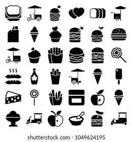 Snack icons. set of 36 editable filled snack icons such as porridge, cream, chocolate, ice cream, french fries, maple syrup, double burger with flag, burger with sausage