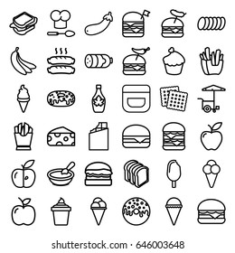 Snack icons set. set of 36 snack outline icons such as sausage, cheese, porridge, cookies, cream, french fries, ice cream, ice cream in can, donut, maple syrup, sandwich