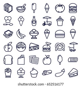 Snack icons set. set of 36 snack outline icons such as apple, porridge, cookies, wrap sandwich, ice cream, french fries, ice cream in can, donut, sandwich, maple syrup