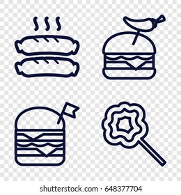 Snack icons set. set of 4 snack outline icons such as double burger with flag, burger with pepper, lollipop
