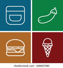 Snack icons set. set of 4 snack outline icons such as cream, cheeseburger, aubergine