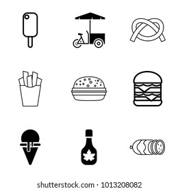Snack icons. set of 9 editable filled and outline snack icons such as fast food cart, ice cream, double burger, sausage, pretzel, maple syrup, french fries