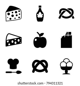 Snack icons. set of 9 editable filled snack icons such as chocolate, pretzel, maple syrup, chef hat and spoon, apple, cheese