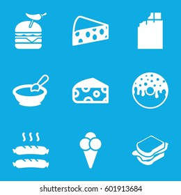snack icons set. Set of 9 snack filled icons such as cheese, porridge, donut, sandwich, burger with pepper, sausage, ice cream