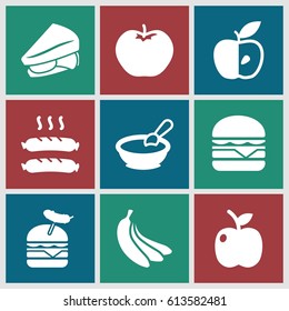 Snack icons set. set of 9 snack filled icons such as apple, porridge, sandwich, burger with sausage, cheeseburger, sausage