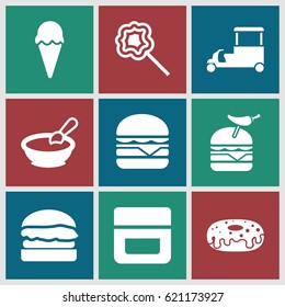 Snack icons set. set of 9 snack filled icons such as porridge, cream, donut, burger with pepper, cheeseburger, fast food cart, lollipop, burger