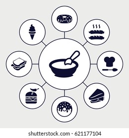 Snack icons set. set of 9 snack filled icons such as porridge, ice cream, donut, sandwich, burger with pepper, sausage
