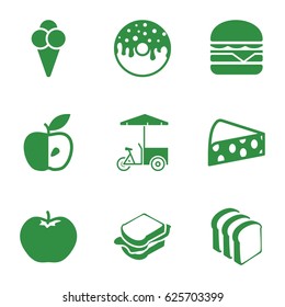Snack icons set. set of 9 snack filled icons such as apple, donut, sandwich, bread slices, cheeseburger, fast food cart, ice cream