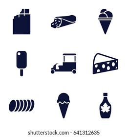 Snack icons set. set of 9 snack filled icons such as wrap sandwich, ice cream, maple syrup, fast food cart, cookie, cheese