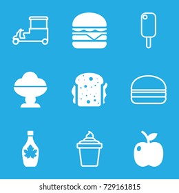 Snack icons set. set of 9 snack filled and outline icons such as maple syrup, cheeseburger, sandwich, apple, ice cream in can, burger, fast food cart
