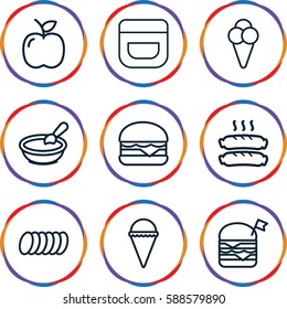 snack icons set. Set of 9 snack outline icons such as porridge, cream, ice cream, double burger with flag, cheeseburger, sausage, cookie