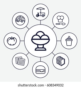 Snack icons set. set of 9 snack outline icons such as apple, cookies, ice cream in can, donut, bread slices, cheeseburger, fast food cart, chef hat and spoon