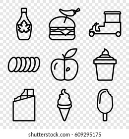 Snack icons set. set of 9 snack outline icons such as ice cream, ice cream in can, maple syrup, burger with pepper, fast food cart, apple, cookie