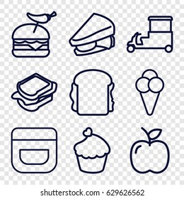 Snack icons set. set of 9 snack outline icons such as cream, sandwich, burger with pepper, fast food cart, muffin, ice cream