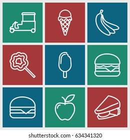 Snack icons set. set of 9 snack outline icons such as sandwich, cheeseburger, fast food cart, lollipop, apple, banana