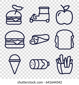 Snack icons set. set of 9 snack outline icons such as sausage, wrap sandwich, french fries, ice cream, burger with sausage, cheeseburger, sandwich, fast food cart