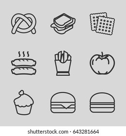 Snack icons set. set of 9 snack outline icons such as apple, cookies, french fries, sandwich, cheeseburger, burger, muffin, sausage
