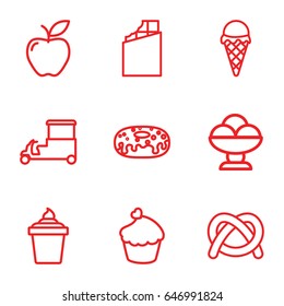 Snack icons set. set of 9 snack outline icons such as ice cream in can, donut, fast food cart, apple, muffin, ice cream, chocolate