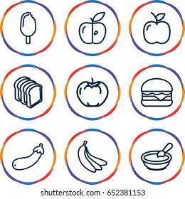 Snack icons set. set of 9 snack outline icons such as apple, porridge, bread slices, cheeseburger, aubergine, banana