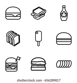 Snack icons set. set of 9 snack outline icons such as maple syrup, sandwich, bread slices, double burger with flag, cheeseburger, burger, cookie