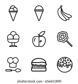 Snack icons set. set of 9 snack outline icons such as ice cream, donut, lollipop, apple, burger, chef hat and spoon