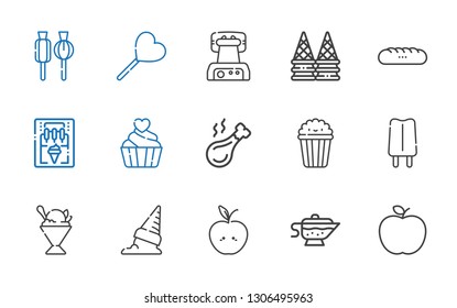 snack icons set. Collection of snack with apple, sauce, ice cream, sorbet, popsicle, popcorn, chicken leg, cupcake, ice cream machine, baguettes. Editable and scalable snack icons.