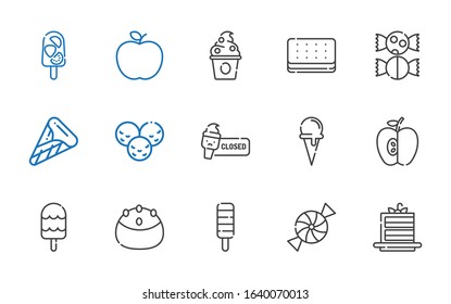 snack icons set. Collection of snack with cake slice, candy, popsicle, cake, ice cream, apple, ice cream cone, sweet, frozen yogurt. Editable and scalable snack icons.