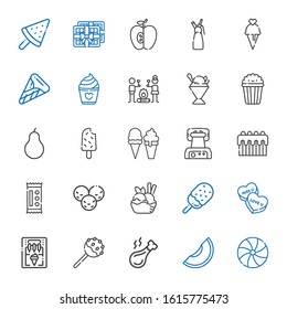 snack icons set. Collection of snack with candy, melon, chicken leg, cake pop, ice cream machine, ice cream, cake, waffle iron, popsicle, pear. Editable and scalable snack icons.