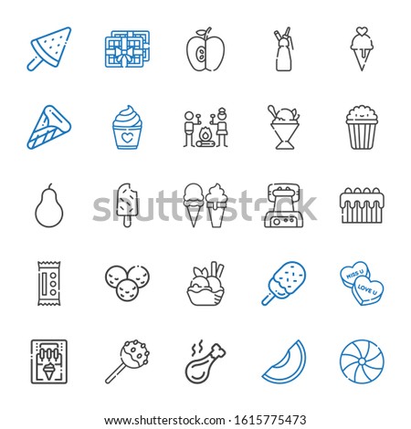 snack icons set. Collection of snack with candy, melon, chicken leg, cake pop, ice cream machine, ice cream, cake, waffle iron, popsicle, pear. Editable and scalable snack icons.