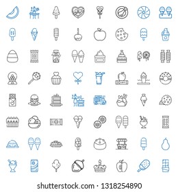 snack icons set. Collection of snack with chocolate, ice cream, apple, cake, nut, cotton candy, sorbet, pear, popsicle, food stand, pet food. Editable and scalable snack icons.