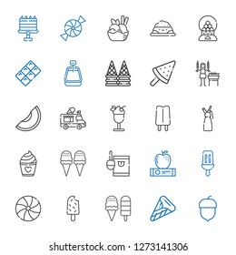 snack icons set. Collection of snack with hazelnut, ice cream, popsicle, candy, apple, cake, whipped cream, ice cream truck, melon, shashlik. Editable and scalable snack icons.