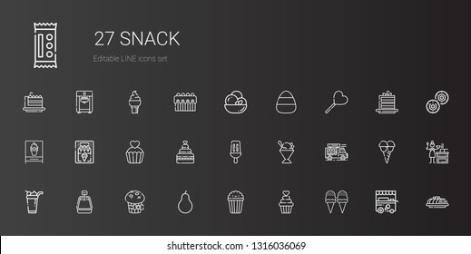 snack icons set. Collection of snack with ice cream, cupcake, popcorn, pear, muffin, food truck, sorbet, popsicle, wedding cake, ice cream machine. Editable and scalable snack icons.