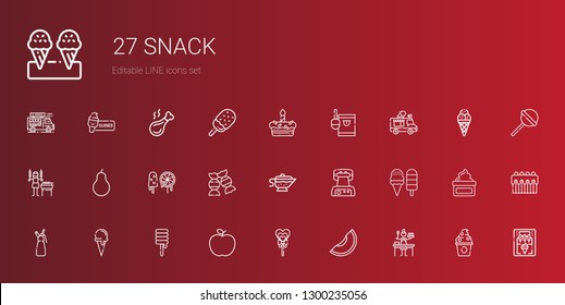snack icons set. Collection of snack with sauce, melon, lollipop, apple, sweet, ice cream cone, whipped cream, ice cream, waffle iron, candy. Editable and scalable snack icons.