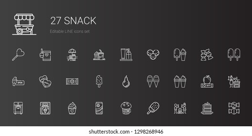 snack icons set. Collection of snack with smore, ice cream, muffin, chocolate, cake, ice cream machine, pear, popsicle, sweet, candy, cream. Editable and scalable snack icons.