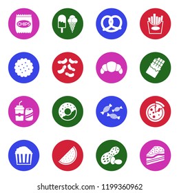 Snack Icons. White Flat Design In Circle. Vector Illustration. 