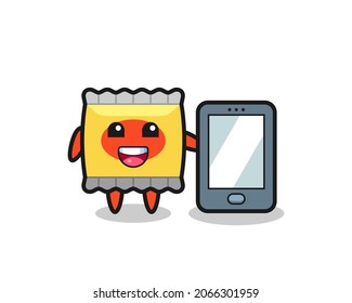 snack illustration cartoon holding a smartphone , cute style design for t shirt, sticker, logo element